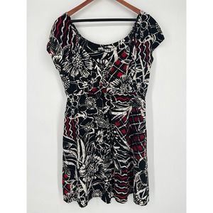 Jams World Empire Waist Mini Dress Sz L Black White Red Floral Hawaiian